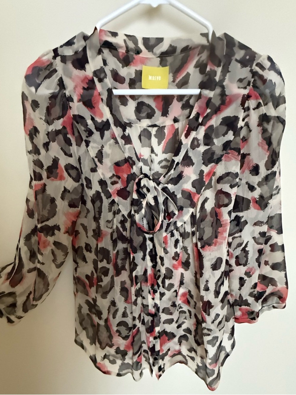 Anthropologie Maeve Sheer Leopard-Print Tie-Neck Blouse in Pink and Black size 4